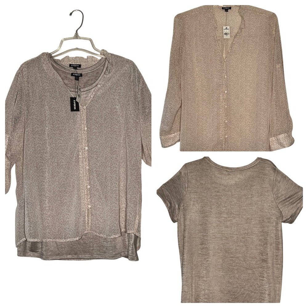Express Chiffon Portofino Sheer Button-Down Blouse Metallic Knit T-Shirt Set XL